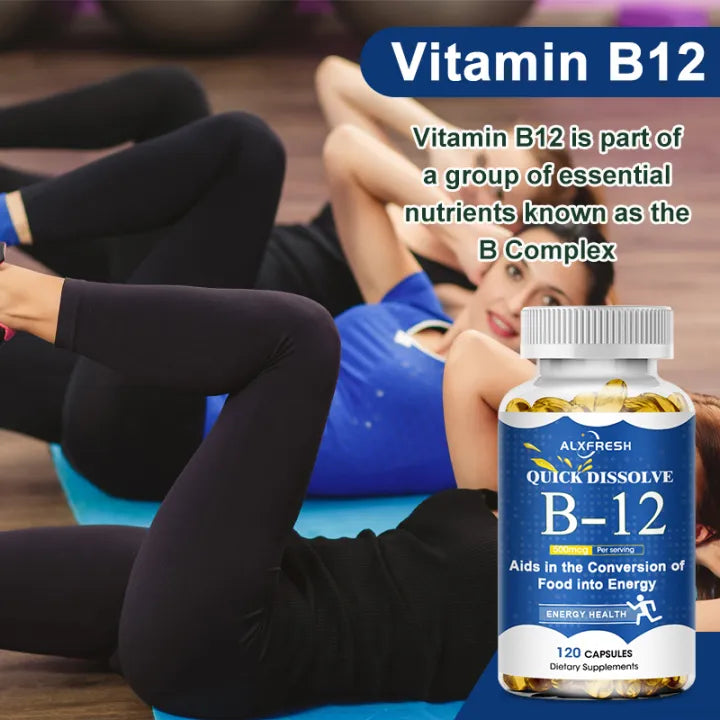Bottle of ALXFRESH Quick Dissolve B-12 supplements with people exercising in the background