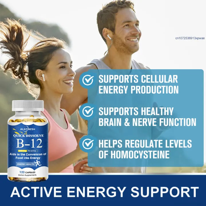 Vitamin B-12 supplement with a man and woman exercising outdoors, highlighting health benefits.