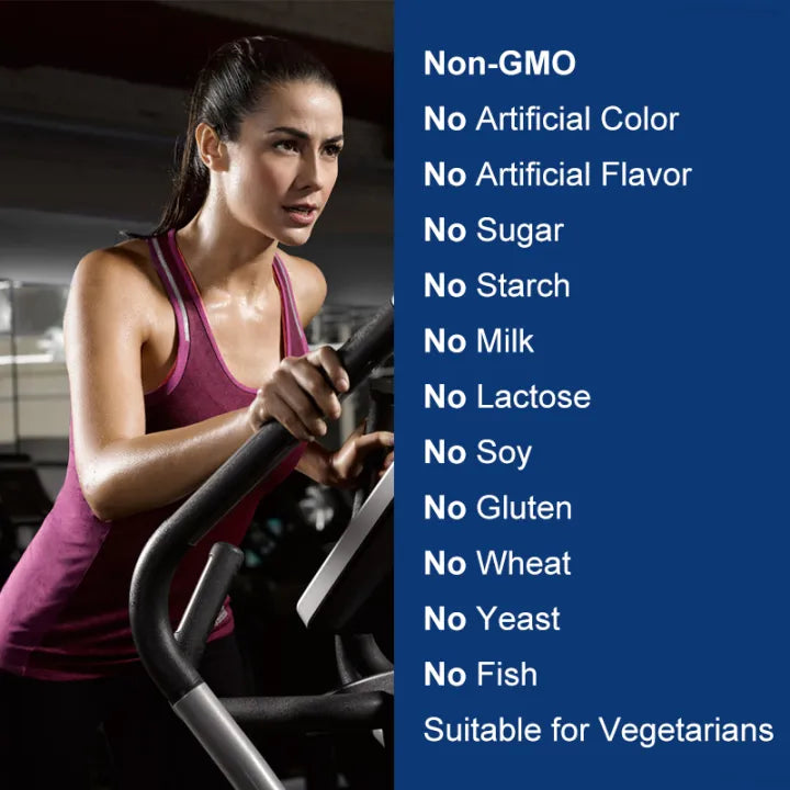 Woman exercising on a machine with a list of dietary restrictions on a blue background