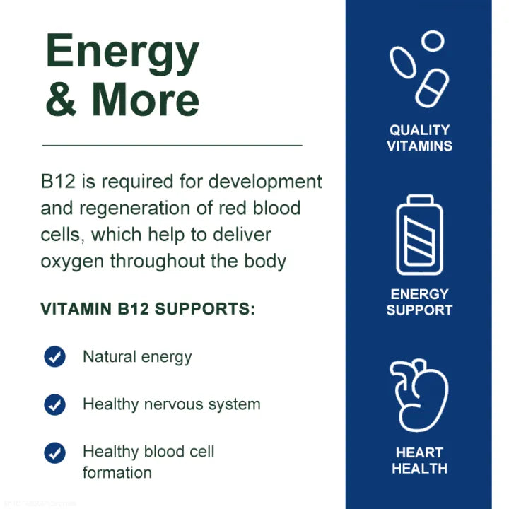 Vitamin B12 information card with text and icons on a white and blue background