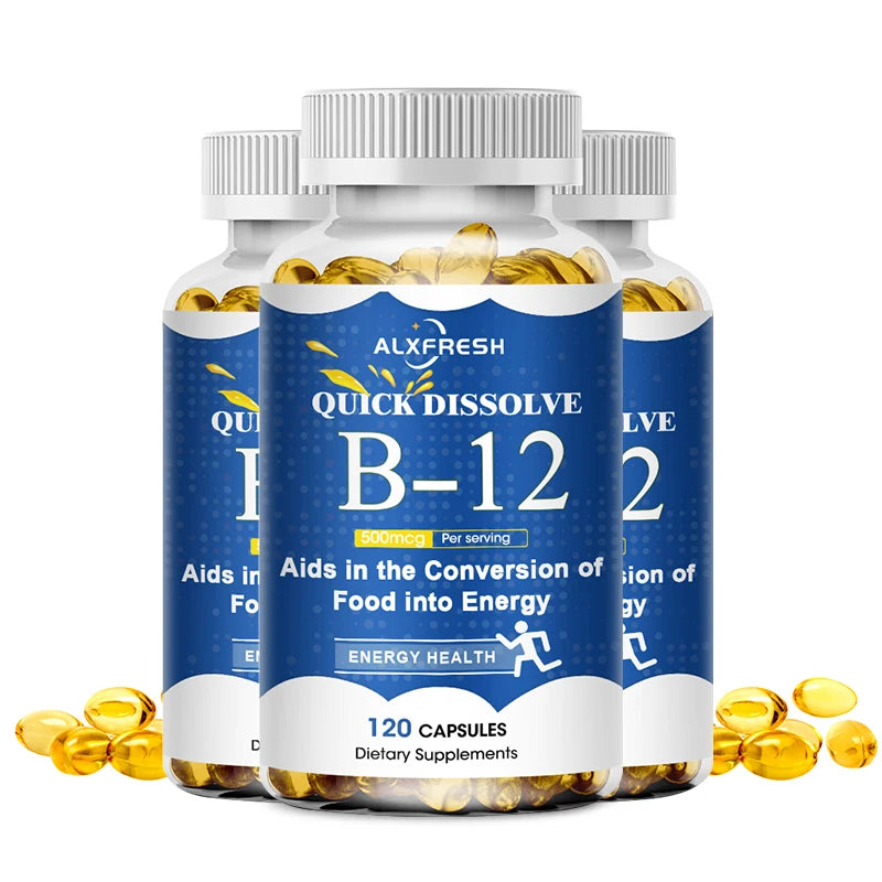 Supplement bottle labeled 'ALXFRESH Quick Dissolve B-12' with capsules on a white background