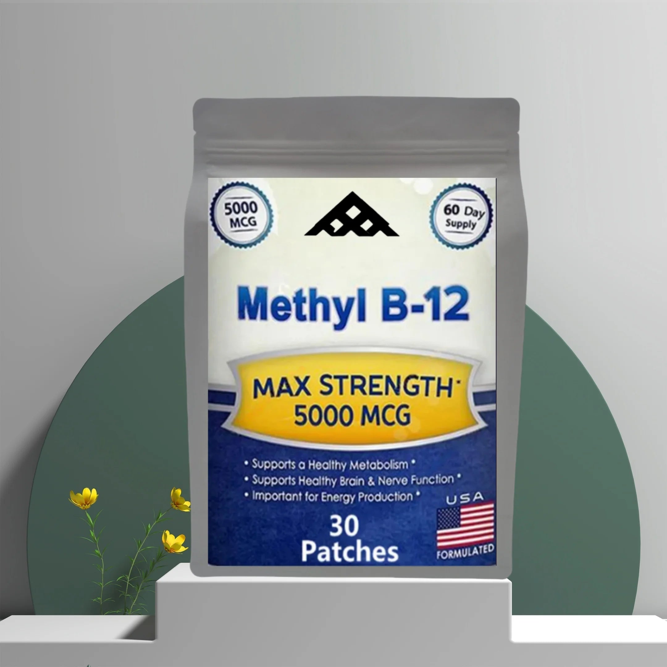 Methyl B-12 supplement package with a gray background